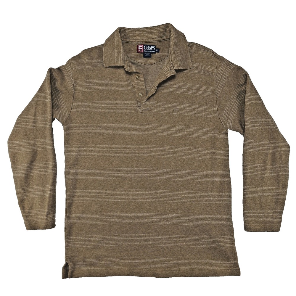 Chaps Ralph Lauren Mens Brown Striped Long Sleeve Polo Shirt Size M 64472